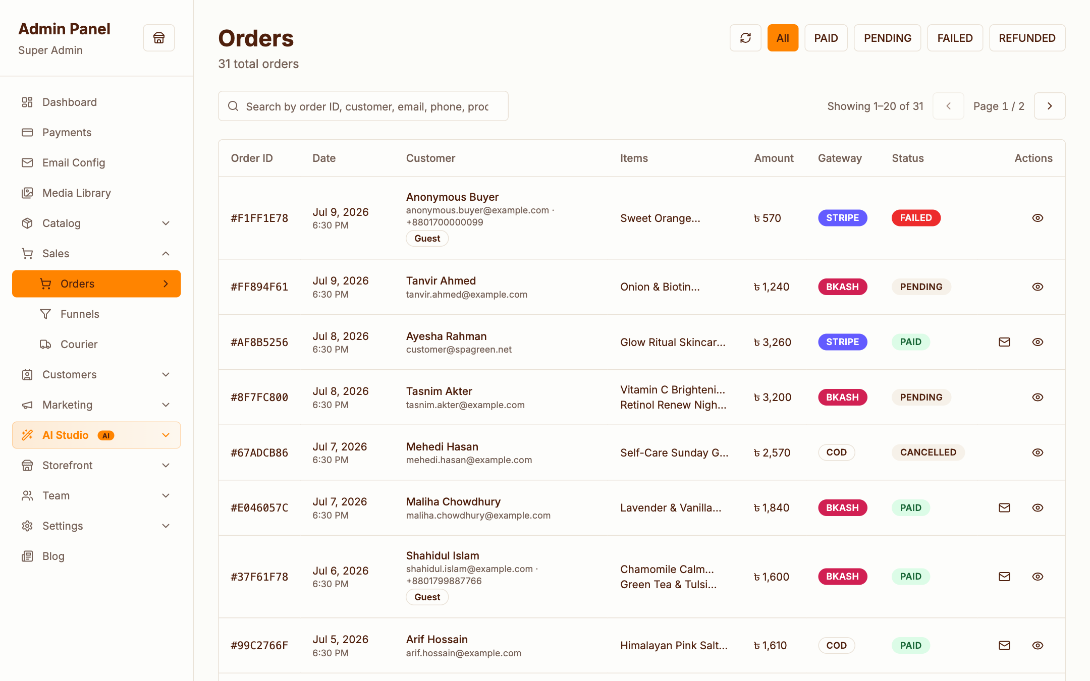Orders list