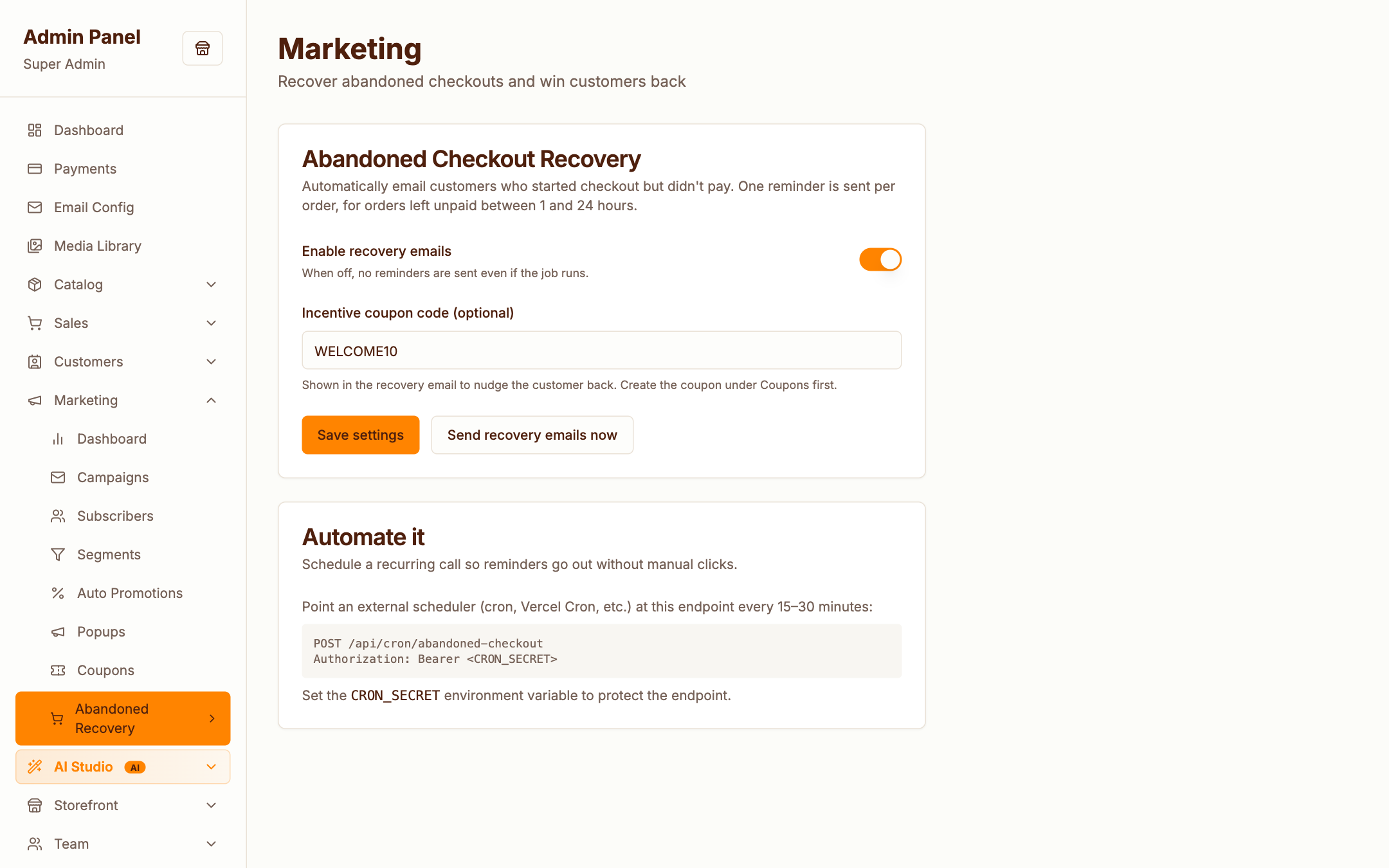 Marketing settings