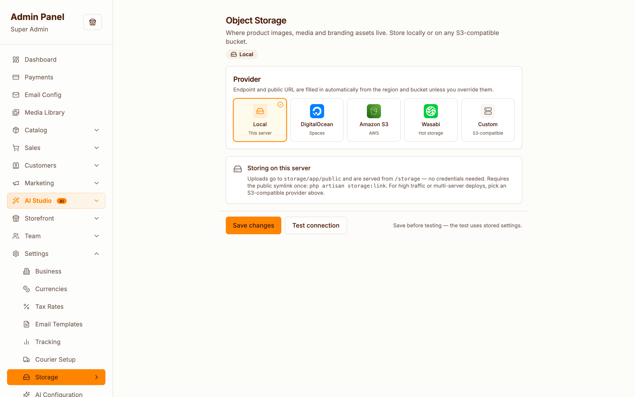 Storage settings