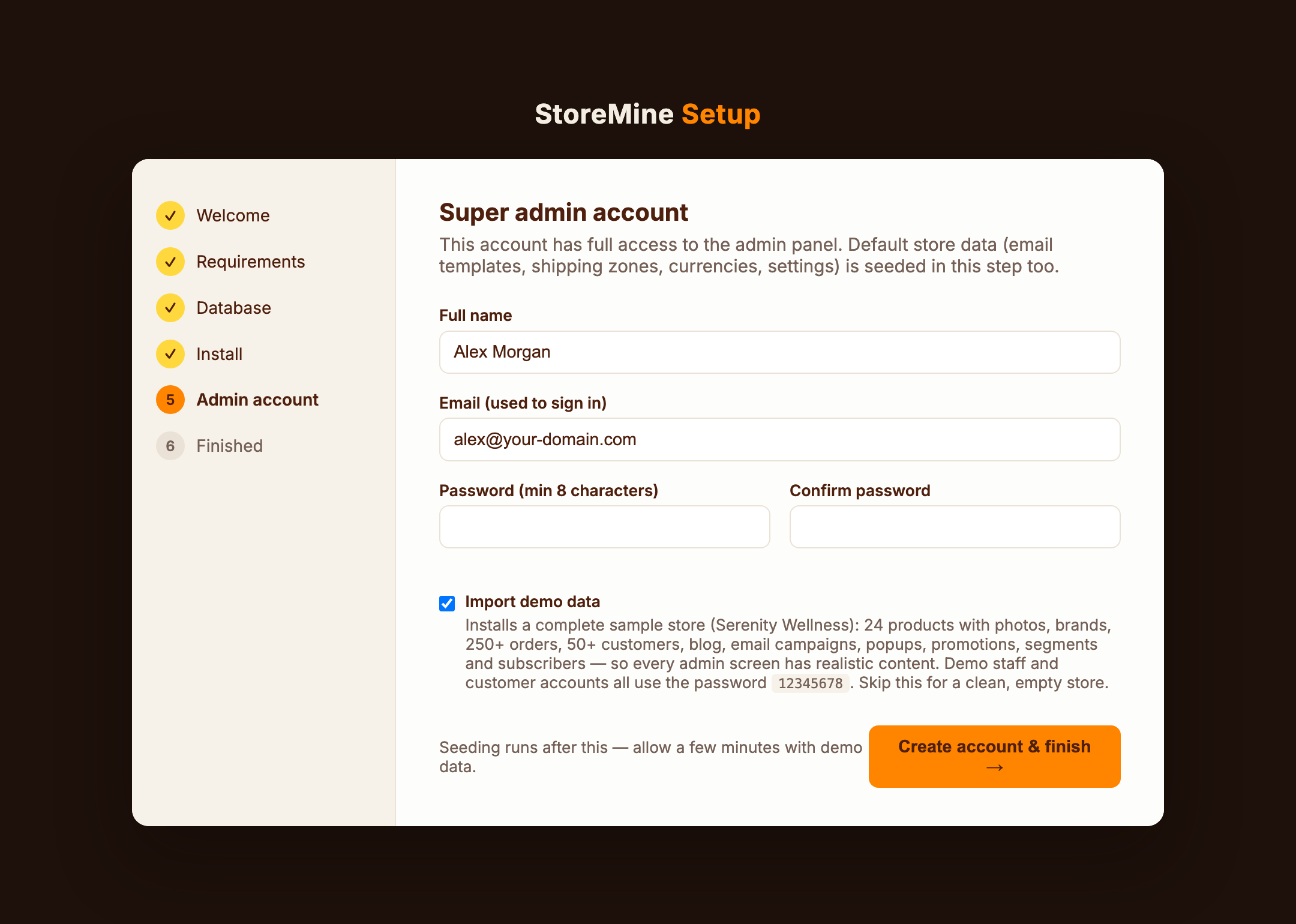 Admin account screen