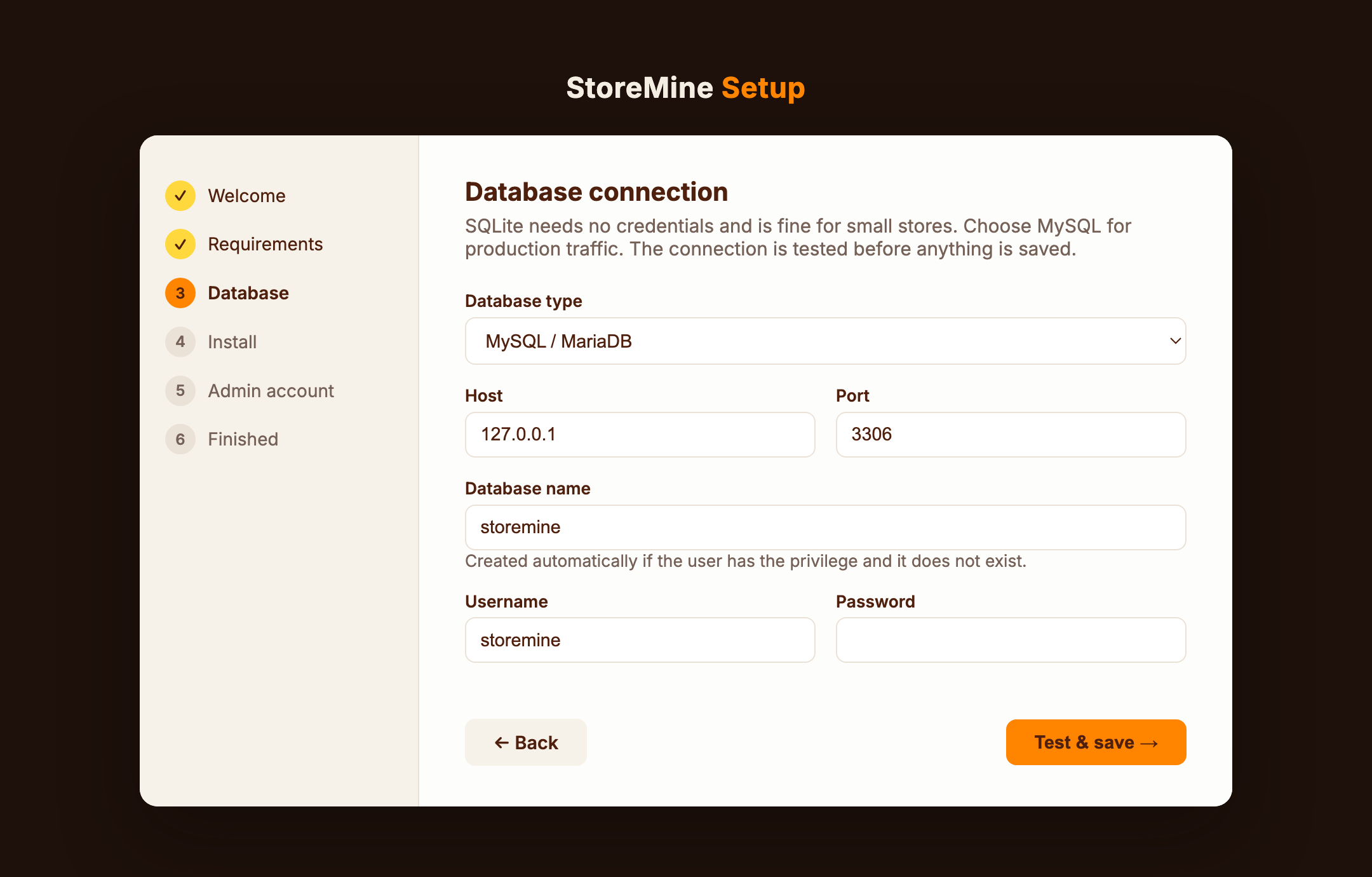 Database connection screen